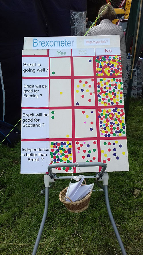 An opinion board with spots for votes in different categories asking how brexit is going. Voting heavily shows not going well.