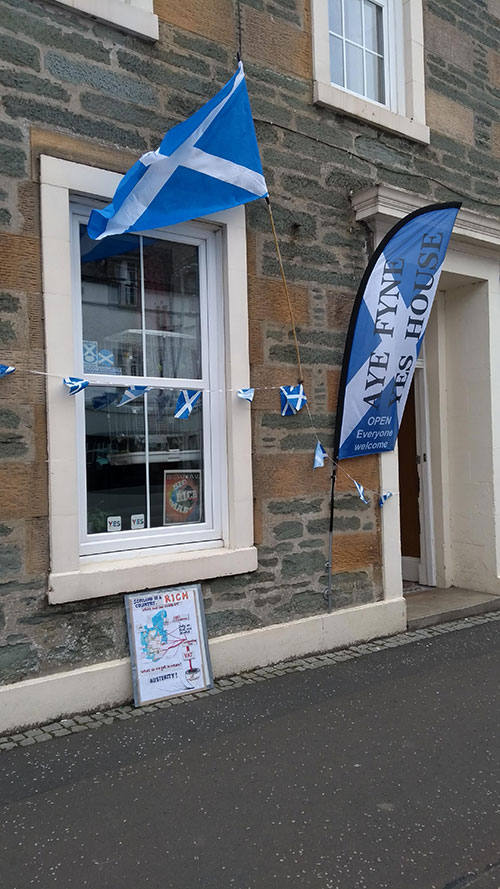 The Yes hub. A house with Yes signs outside inviting people in for a conversation.